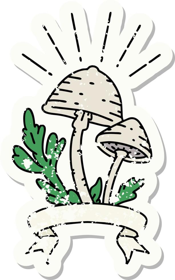 worn old sticker of a tattoo style mushrooms vector