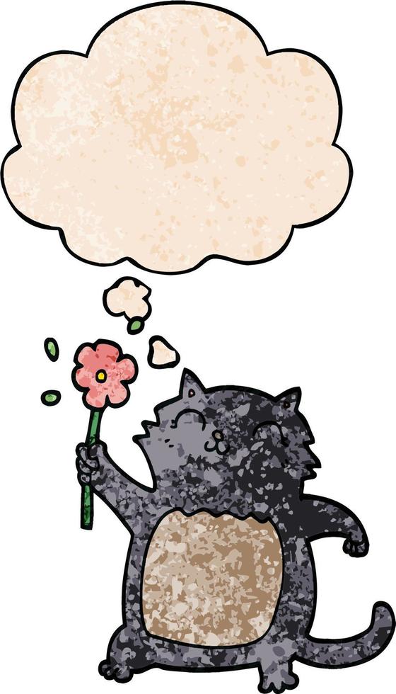 gato de dibujos animados con flor y burbuja de pensamiento en estilo de patrón de textura grunge vector