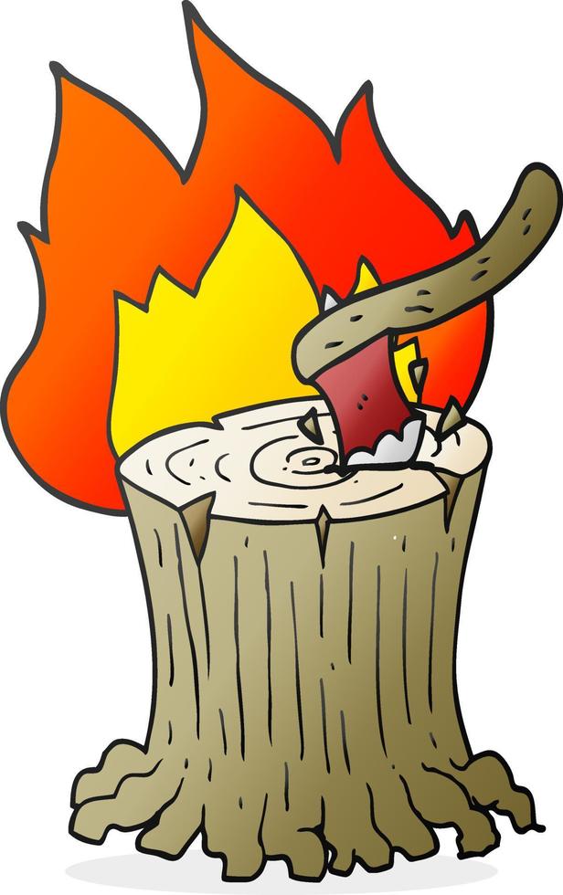 freehand drawn cartoon axe in a flaming tree stump vector
