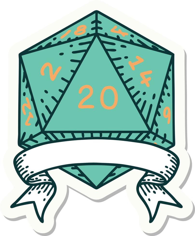 sticker of a natural 20 critical hit D20 dice roll vector