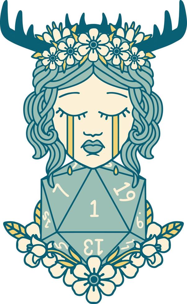 Retro Tattoo Style crying human druid with natural one D20 roll vector