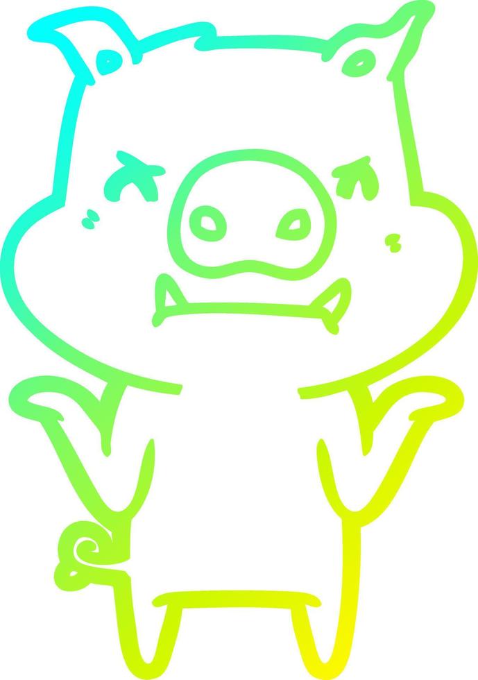cold gradient line drawing angry cartoon pig shrugging shoulders vector