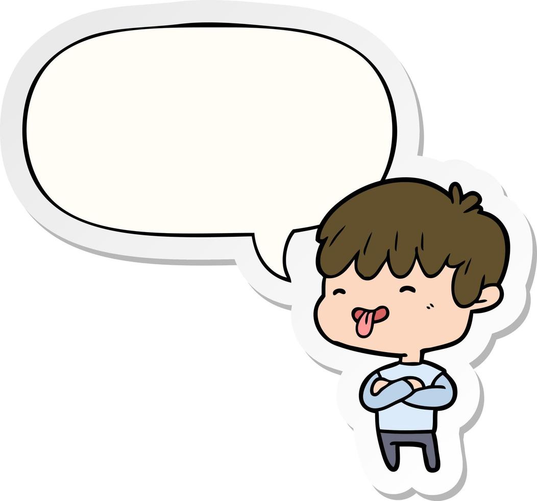 cartoon boy sticking out tongue and speech bubble sticker vector