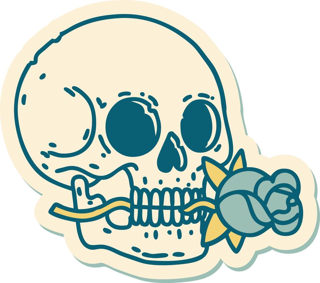 pegatina de tatuaje al estilo tradicional de una calavera y una rosa vector