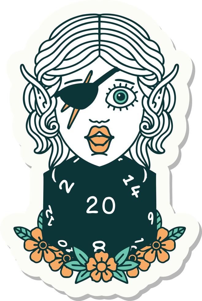 sticker of a elf rogue character with natural twenty dice roll vector