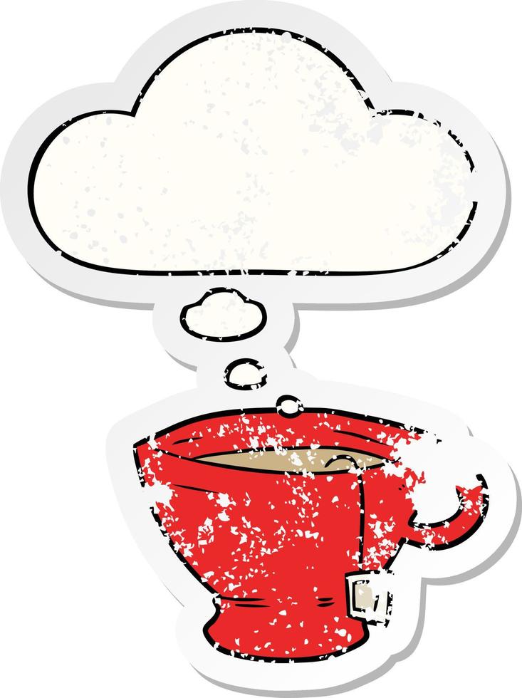 cartoon cup of tea and thought bubble as a distressed worn sticker vector