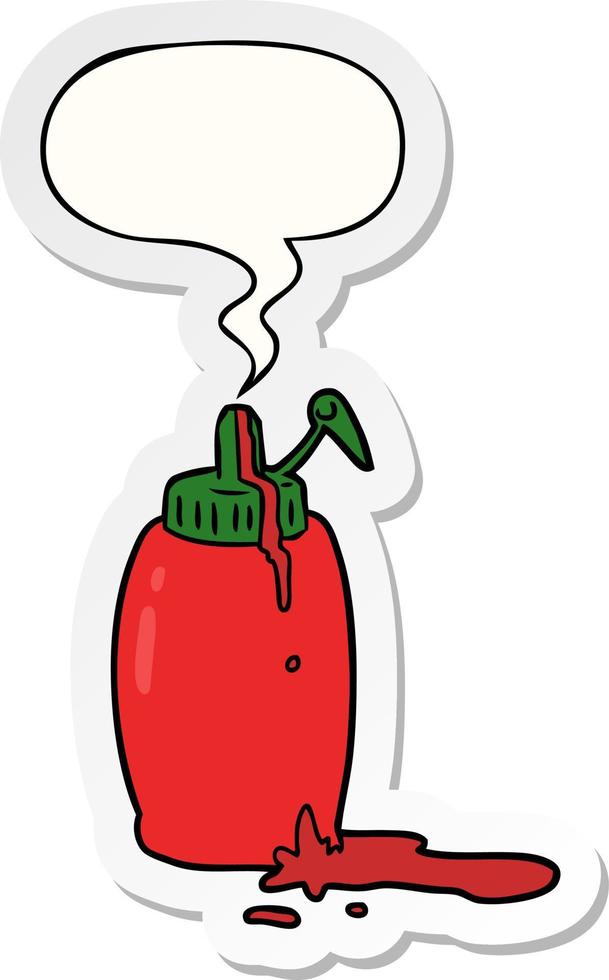 cartoon tomato ketchup bottle and speech bubble sticker vector