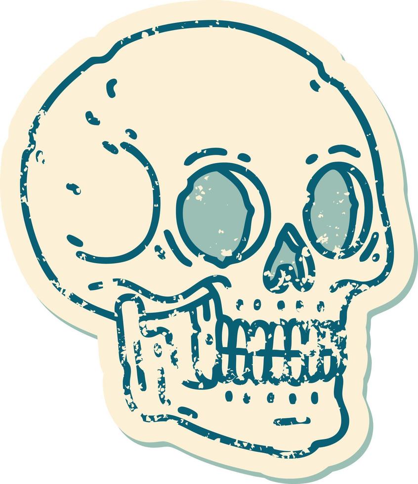 icónica pegatina angustiada estilo tatuaje imagen de una calavera vector