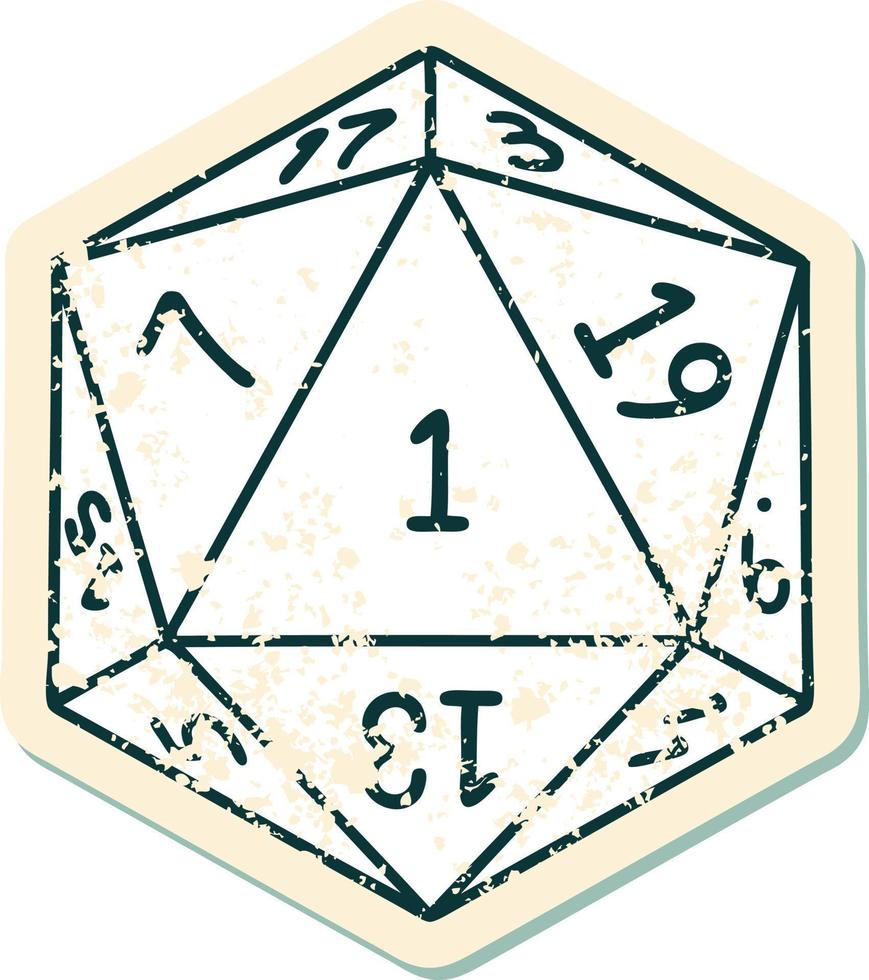 Retro Tattoo Style natural 1 D20 dice roll vector