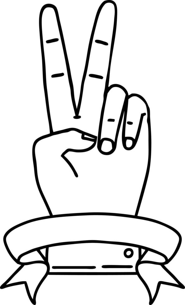 Black and White Tattoo linework Style peace two finger hand gesture with banner vector