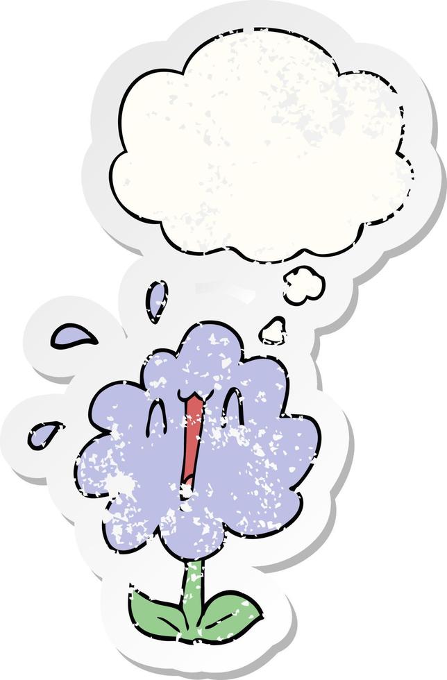 cartoon flower and thought bubble as a distressed worn sticker vector