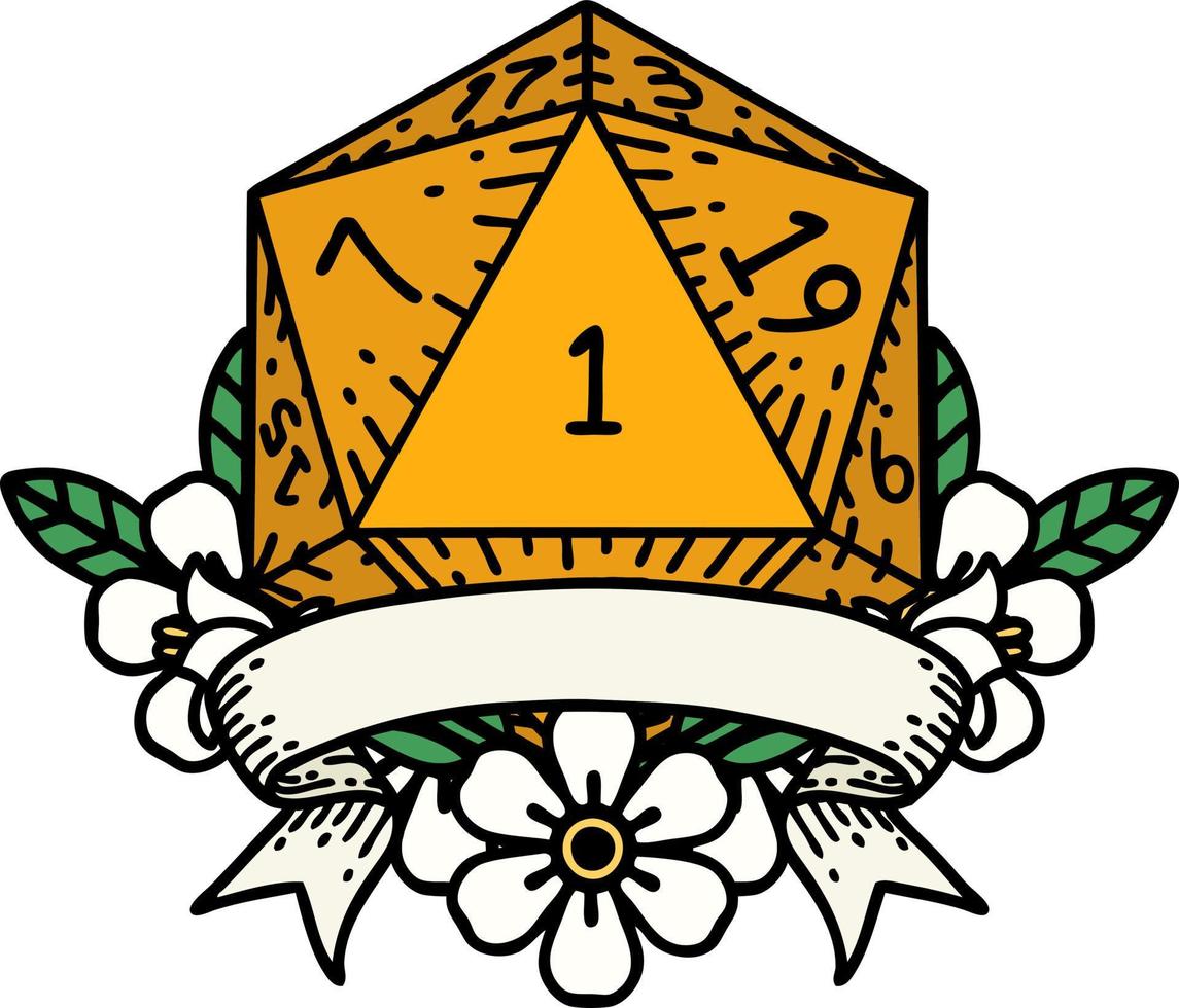 Retro Tattoo Style natural one d20 dice roll vector