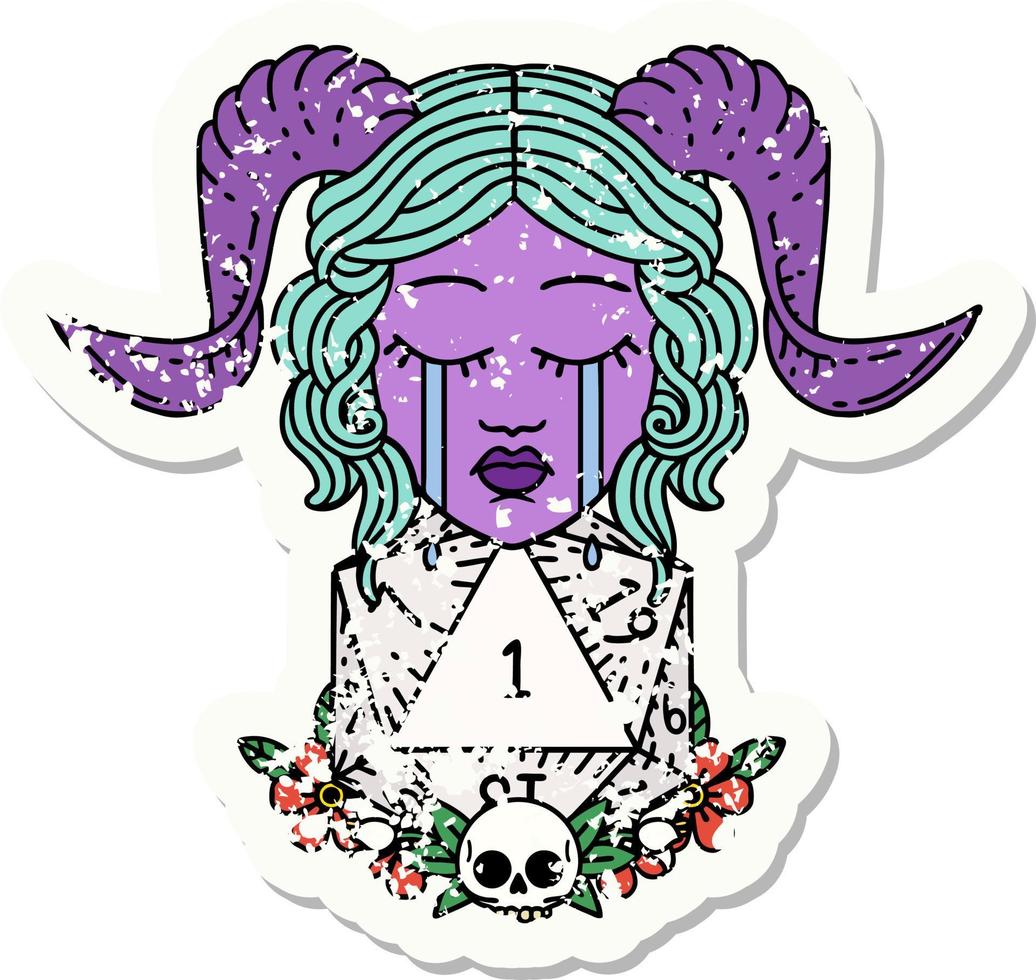 grunge sticker of a crying tiefling with natural one D20 dice roll vector