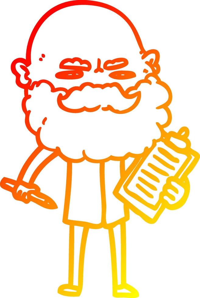 dibujo de línea de gradiente cálido hombre de dibujos animados con barba frunciendo el ceño vector