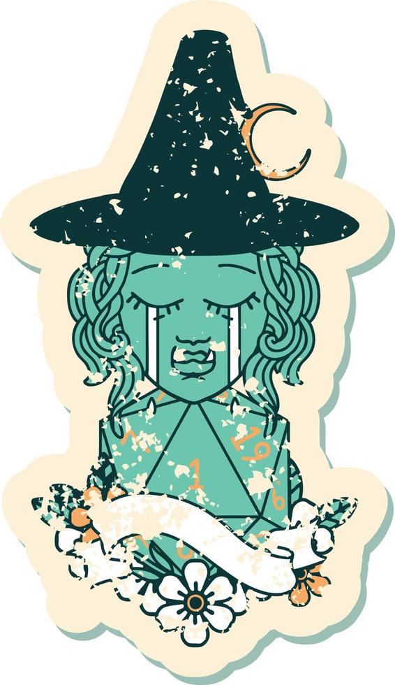 Retro Tattoo Style crying orc witch with natural one D20 roll vector
