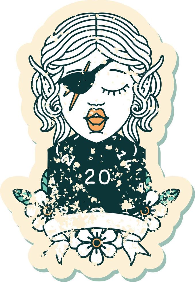 Retro Tattoo Style elf rogue character with natural twenty dice roll vector