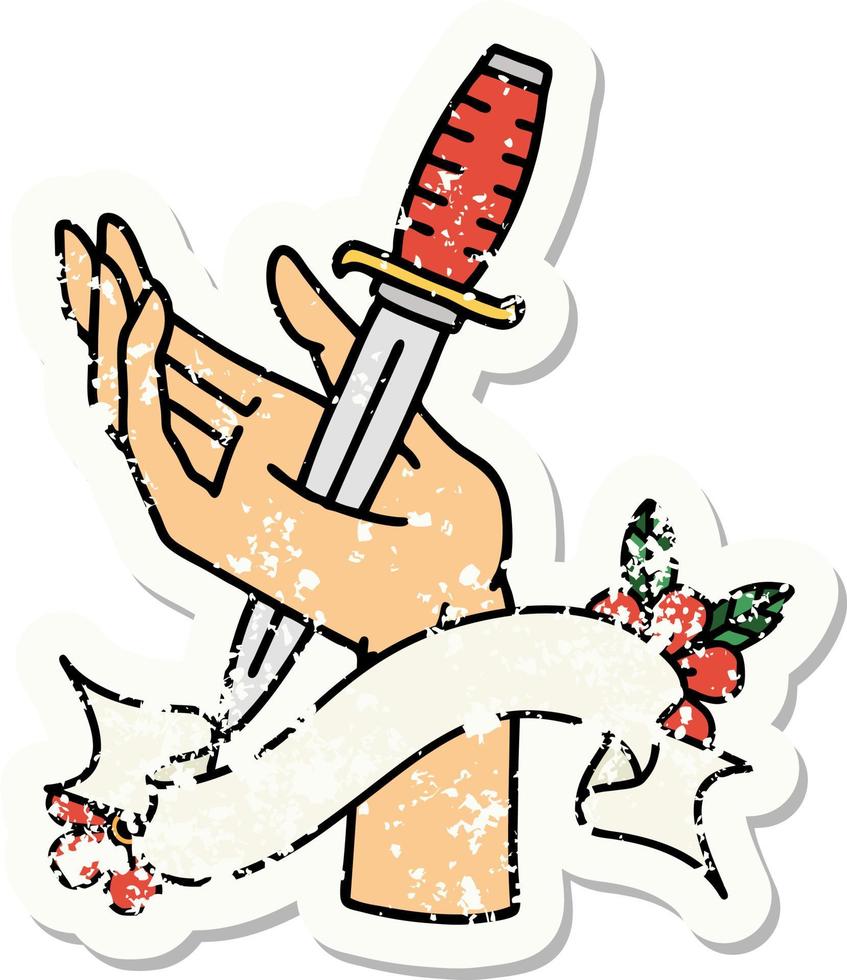 worn old sticker with banner of a dagger in the hand vector