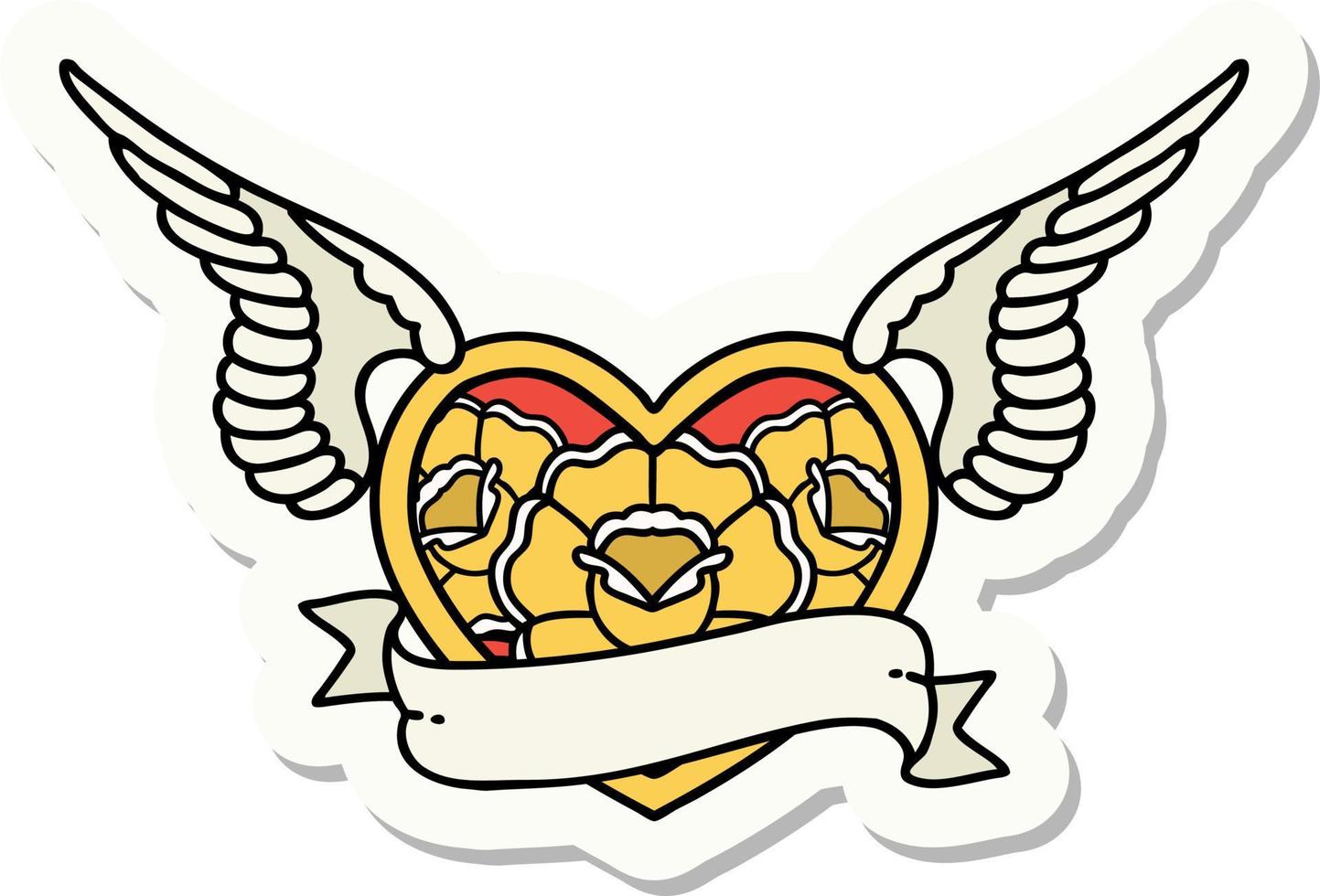 sticker of tattoo in traditional style of a flying heart with flowers and banner vector