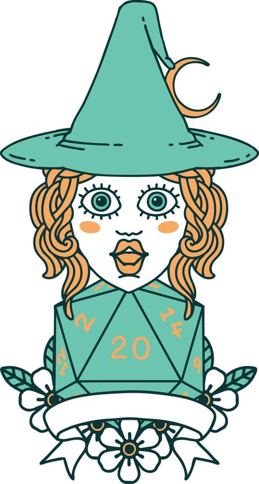 Retro Tattoo Style human witch with natural twenty dice roll vector