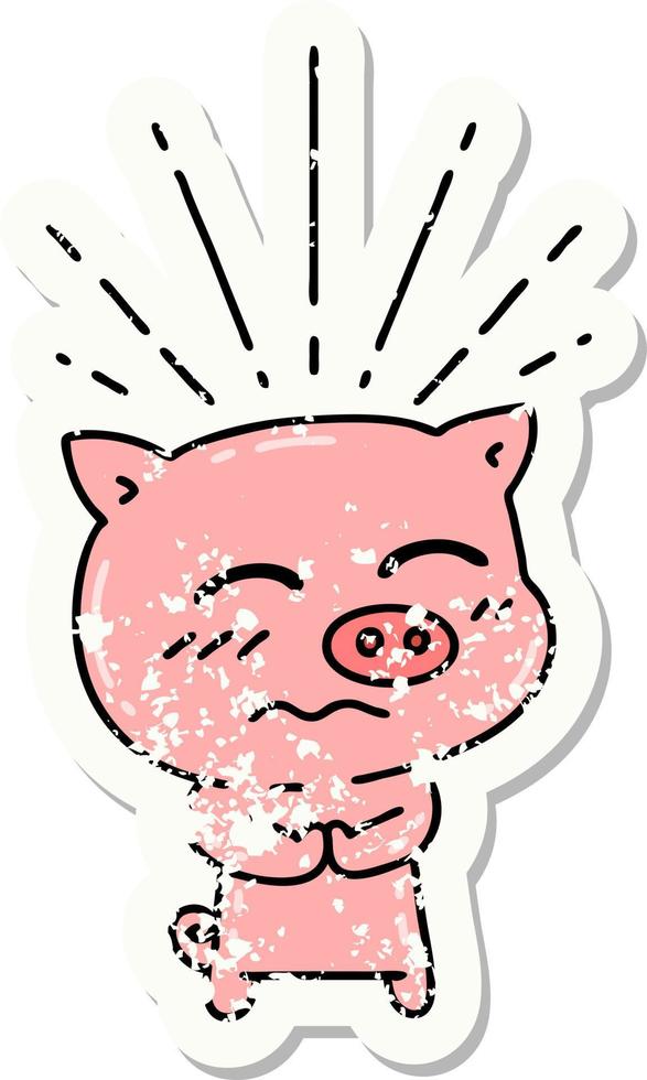 worn old sticker of a tattoo style nervous pig character vector