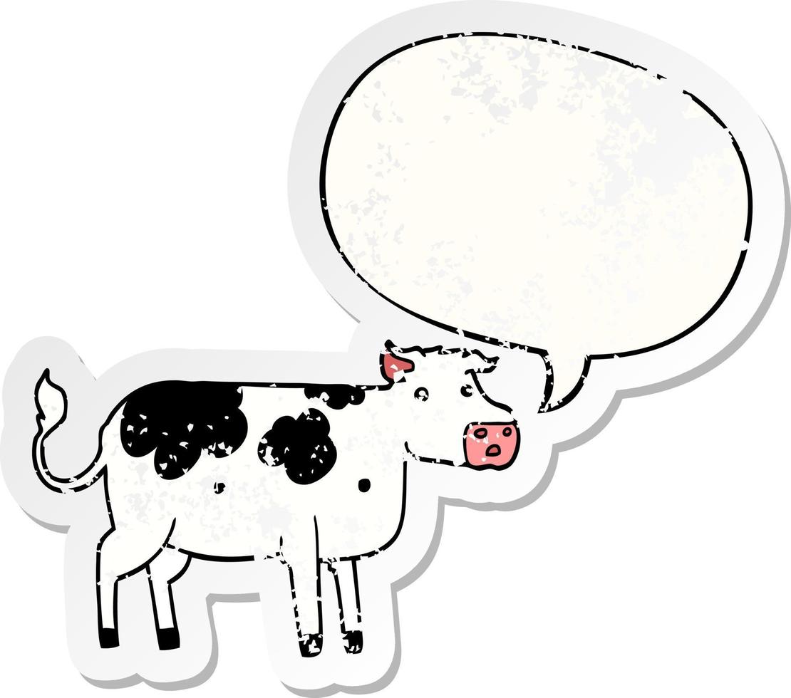 cartoon cow and speech bubble distressed sticker vector