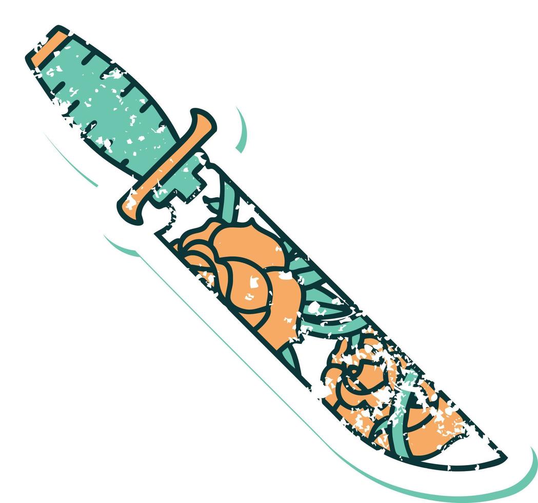 iconic distressed sticker tattoo style image of a dagger and flowers vector