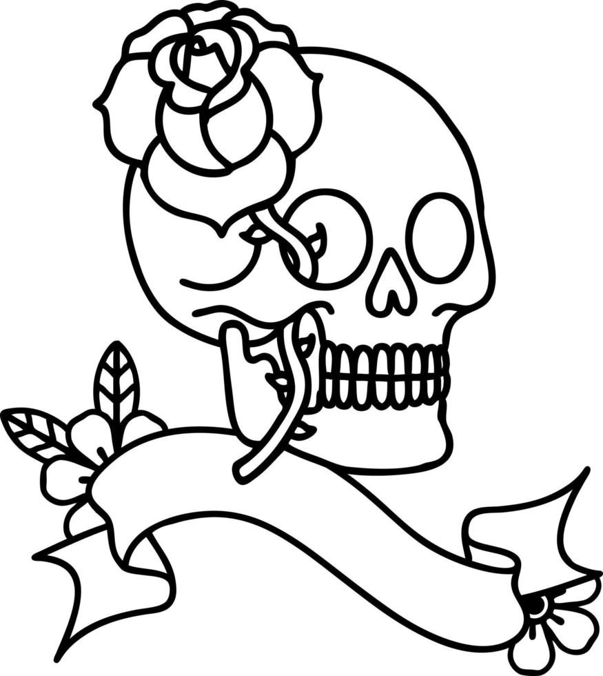 tatuaje tradicional de línea negra con pancarta de calavera y rosa vector