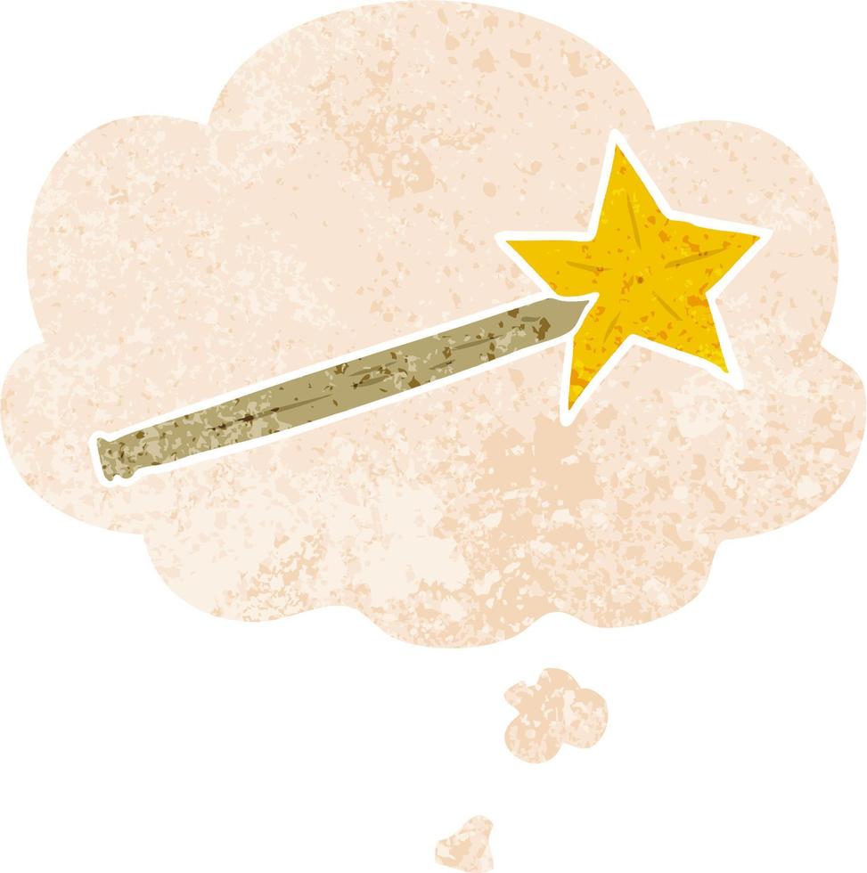cartoon magic wand and thought bubble in retro textured style vector