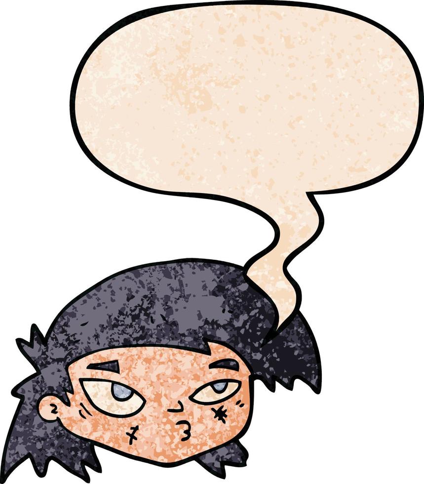 cartoon scratched up face and speech bubble in retro texture style vector