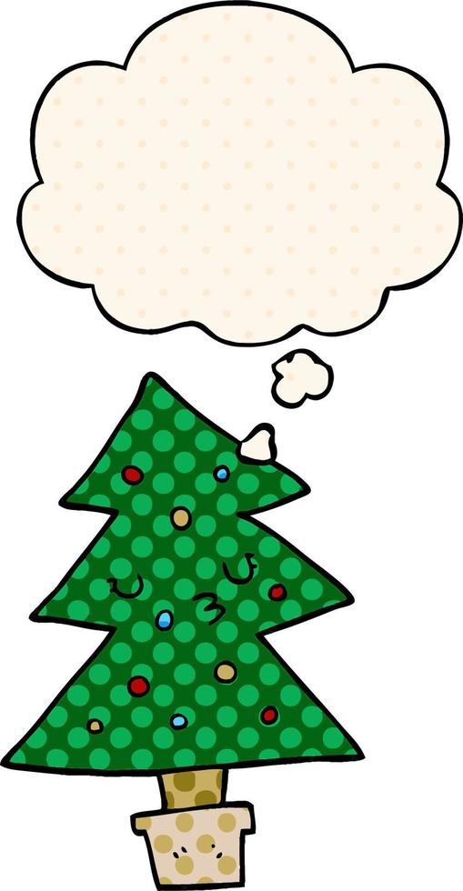 cartoon christmas tree and thought bubble in comic book style vector