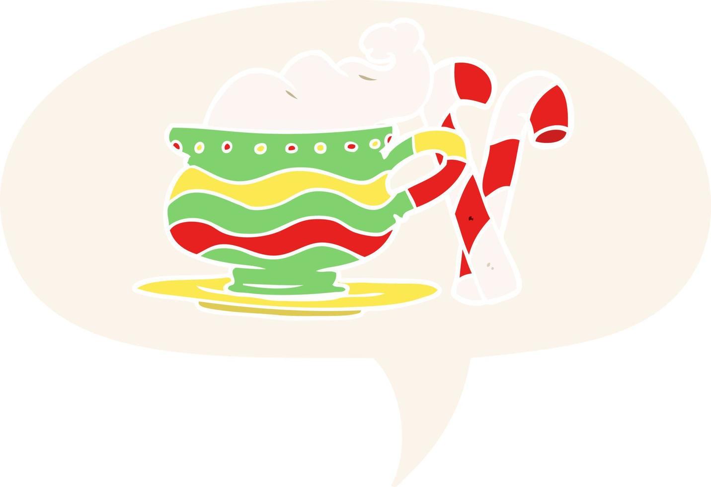 cartoon christmas cocoa and candy canes and speech bubble in retro style vector