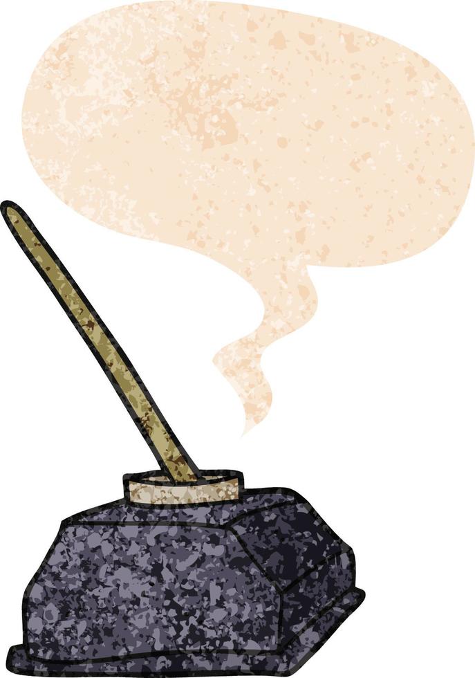 cartoon old ink pot and pen and speech bubble in retro textured style vector