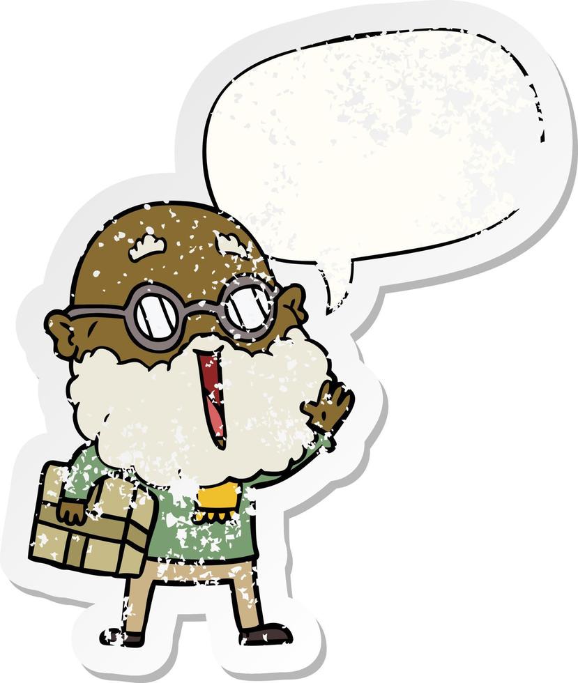 cartoon joyful man and beard and parcel under arm and speech bubble distressed sticker vector