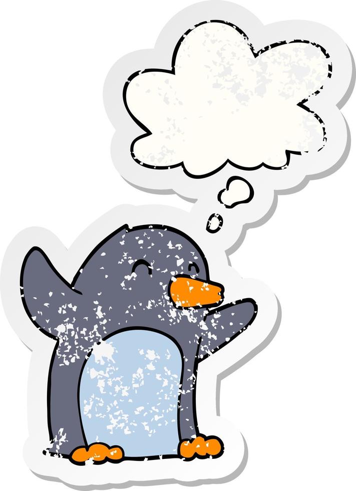 cartoon excited penguin and thought bubble as a distressed worn sticker vector