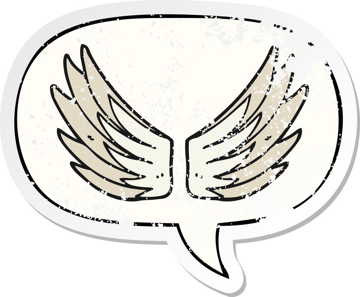 símbolo de alas de dibujos animados y etiqueta engomada angustiada de la burbuja del habla vector