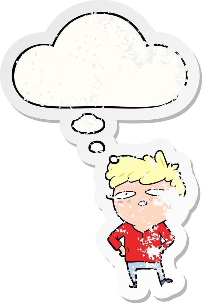 cartoon impatient man and thought bubble as a distressed worn sticker vector