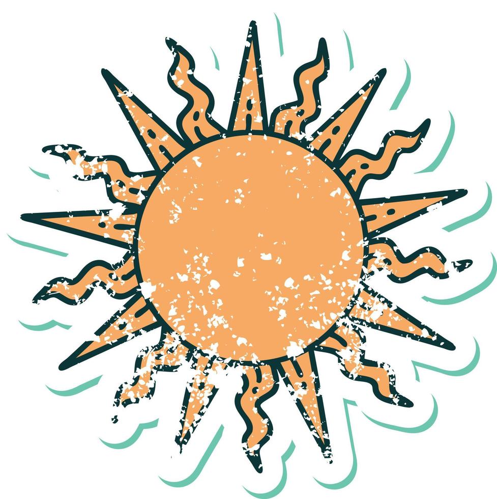 iconic distressed sticker tattoo style image of a sun vector