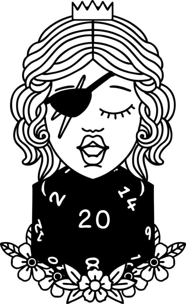 Black and White Tattoo linework Style human rogue with natural twenty dice roll vector