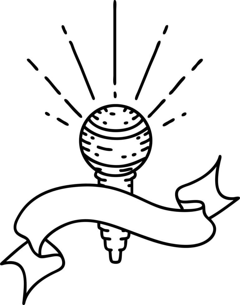 scroll banner with black line work tattoo style microphone vector