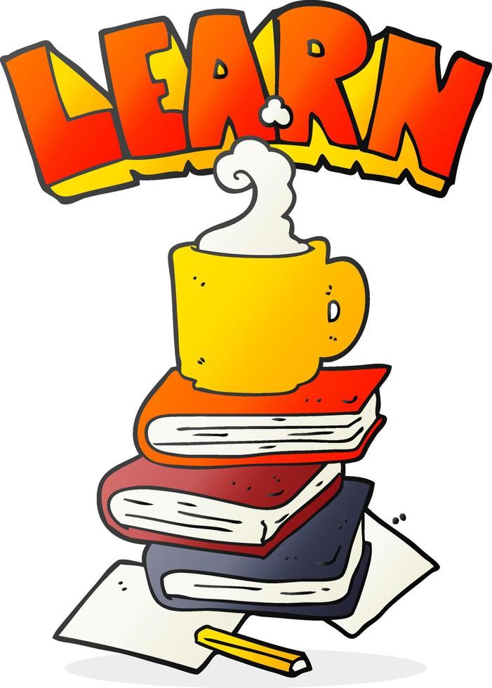 freehand drawn cartoon books and coffee cup under Learn symbol vector