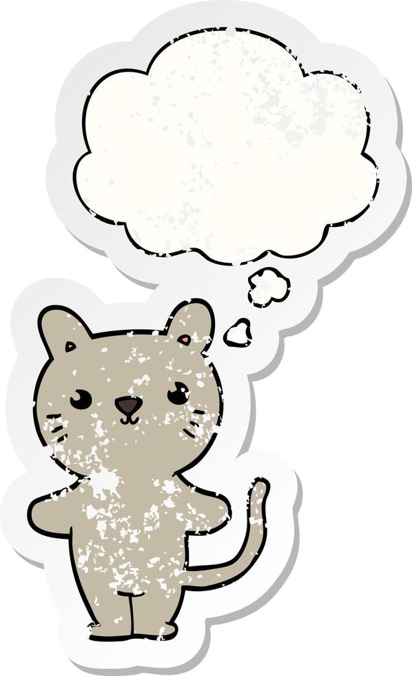 cartoon cat and thought bubble as a distressed worn sticker vector