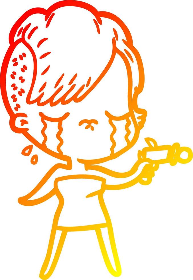 warm gradient line drawing cartoon crying girl pointing ray gun vector