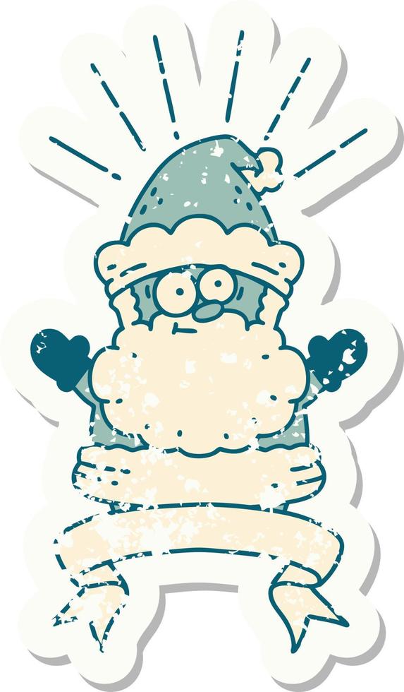 worn old sticker of a tattoo style santa claus christmas character vector