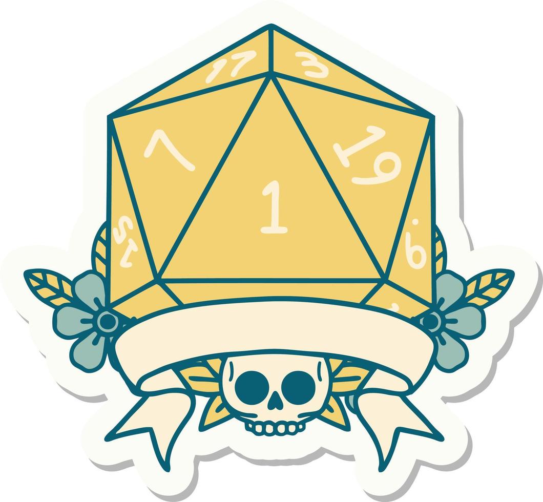 sticker of a natural one d20 dice roll vector