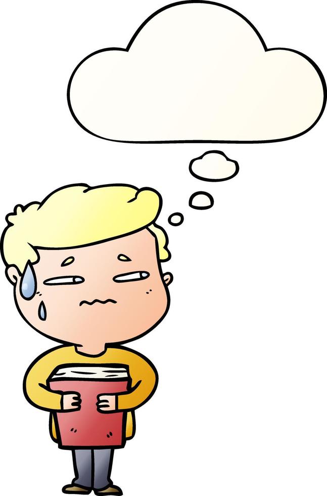cartoon anxious boy carrying book and thought bubble in smooth gradient style vector