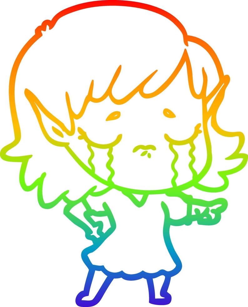 rainbow gradient line drawing crying cartoon elf girl vector