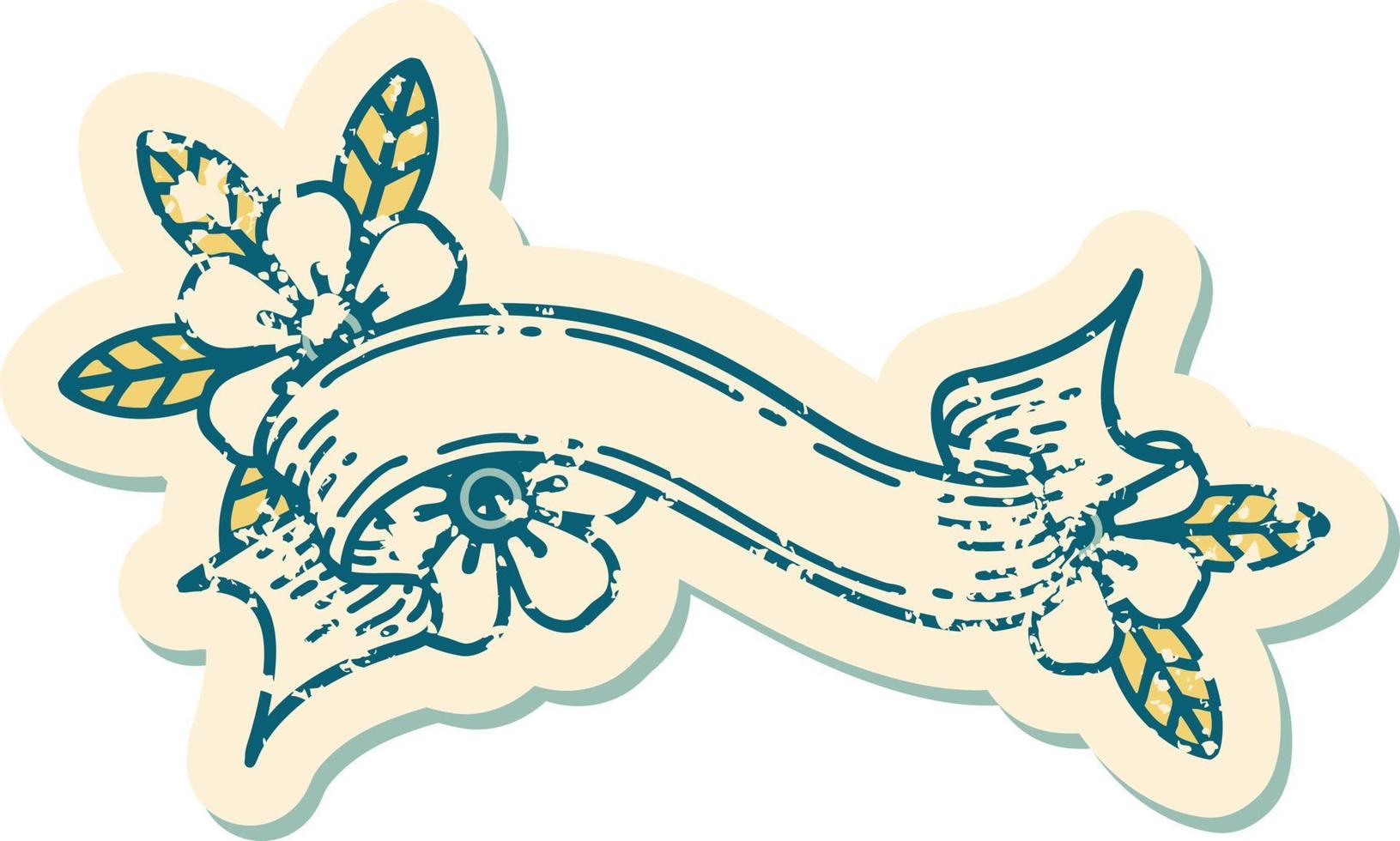 iconic distressed sticker tattoo style image of a banner and flowers vector