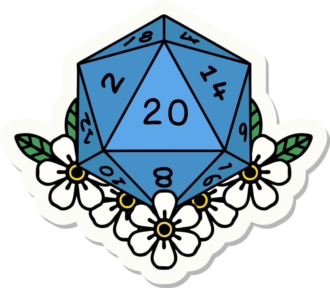 sticker of a natural 20 D20 dice roll with floral elements vector