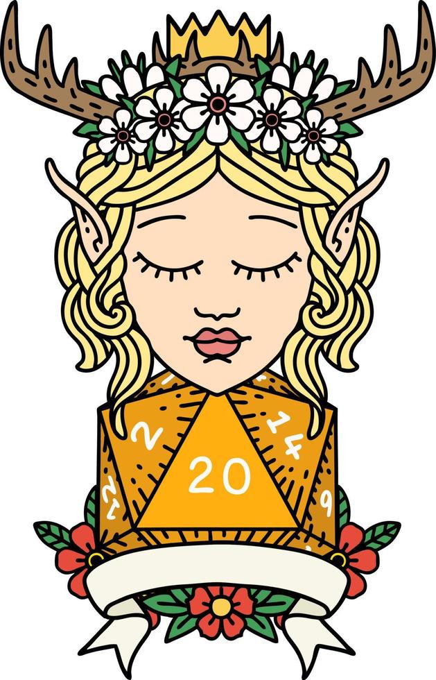 personaje de druida elfo estilo tatuaje retro con tirada natural de 20 dados vector