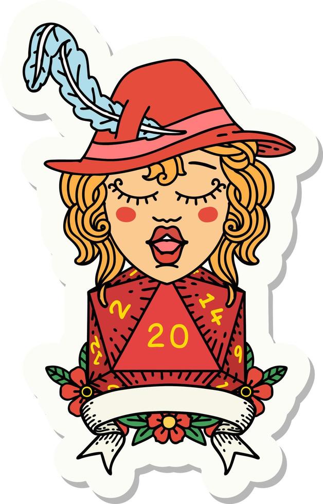 sticker of a human bard character with natural 20 dice roll vector